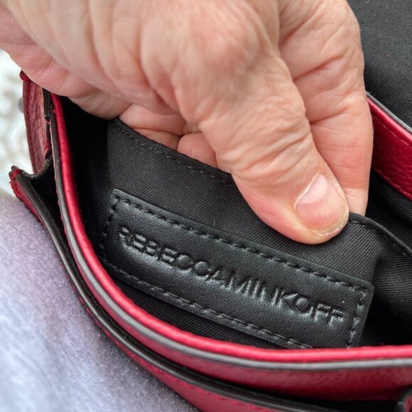 Rebecca Minkoff Crossbody Saddle Bag Pebble Leather Whip Stitch Detail Burgundy - Picture 5 of 16